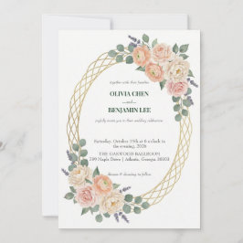 Convites Elegant Peach Floral & Gold Lattice Oval Wedding