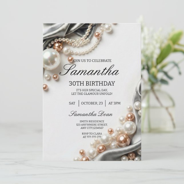 Convites Elegant Pearls and Satin 30th Birthday Invitation (Em pé/Frente)
