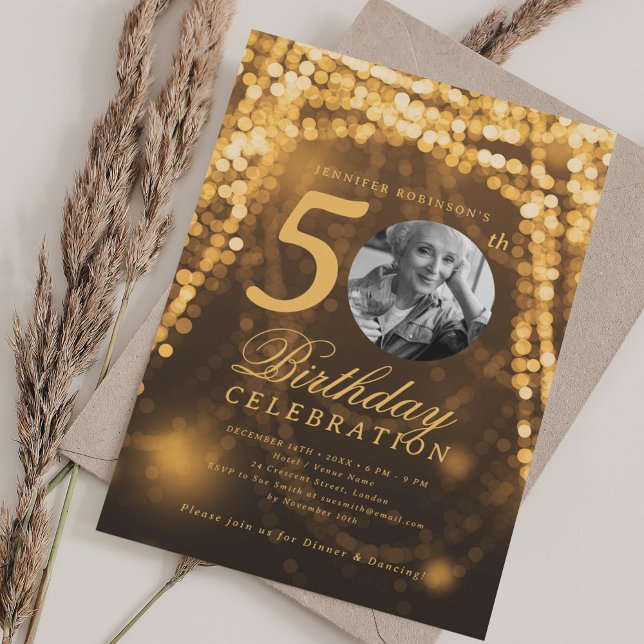 Convites Elegant Photo 50th Birthday Gold Glam Lights (Elegant Photo 50th Birthday Gold Glam Lights Invitation)