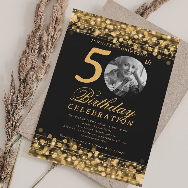 Convites Elegant Photo 50th Birthday Party Gold Lights (Elegant Photo 50th Birthday Party Gold Lights Invitation)