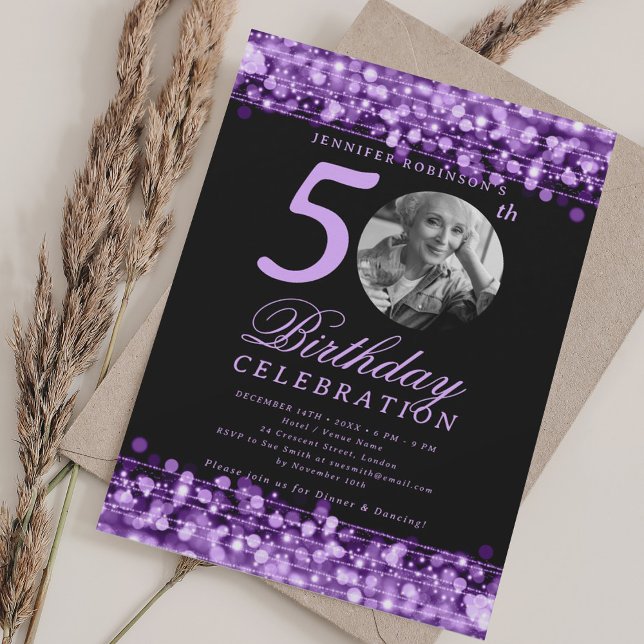 Convites Elegant Photo 50th Birthday Party Purple Lights (Elegant Photo 50th Birthday Party Purple Lights Invitation)