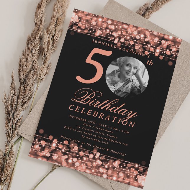 Convites Elegant Photo 50th Birthday Party Rose Gold Lights (Elegant Photo 50th Birthday Party Rose Gold Lights Invitation)