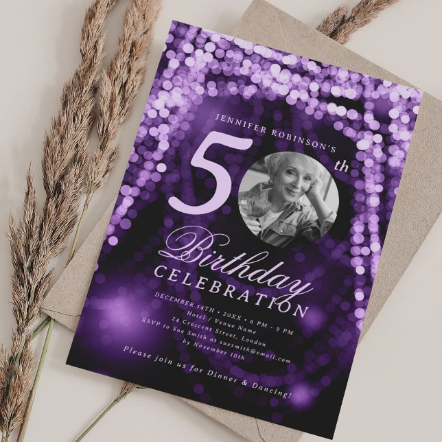 Convites Elegant Photo 50th Birthday Purple Glam Lights (Elegant Photo 50th Birthday Purple Glam Lights Invitation)