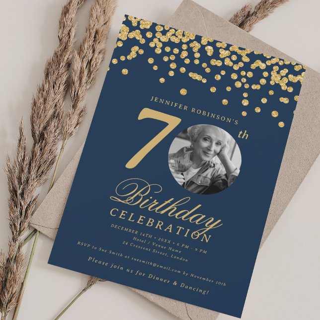 Convites Elegant Photo 70th Birthday Gold Navy Confetti (Elegant Photo 70th Birthday Gold Navy Confetti Invitation)
