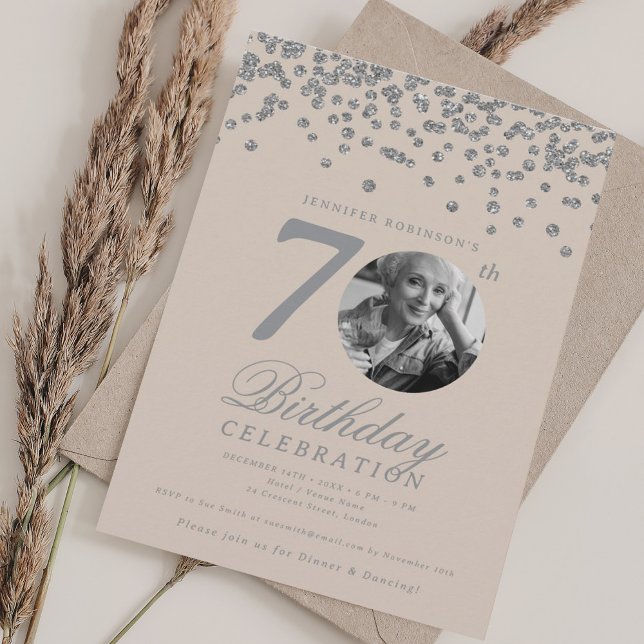 Convites Elegant Photo 70th Birthday Silver Champagne (Elegant Photo 70th Birthday Silver Champagne Invitation)