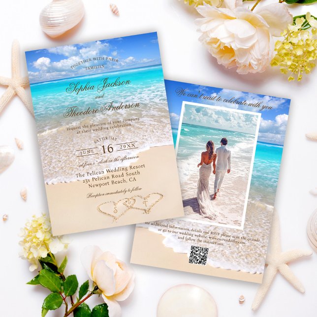Convites Elegant Photo Blue Ocean Tropical Beach Wedding (Criador carregado)