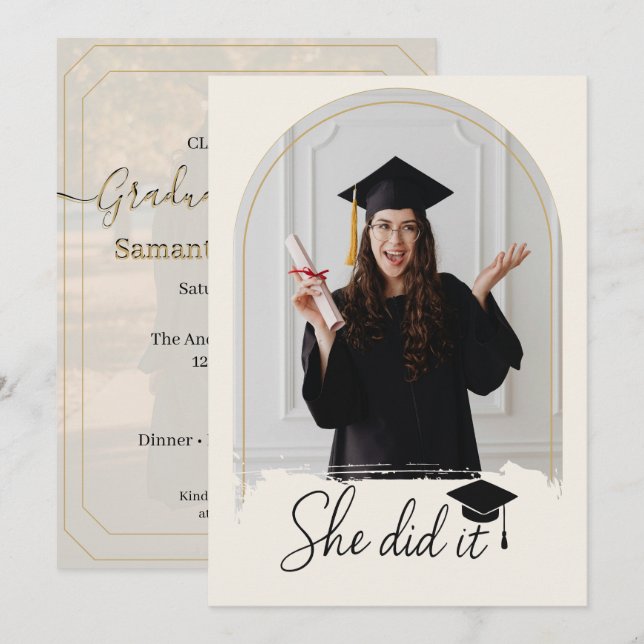 Convites Elegant Photo Graduation Party | She Did It Grad  (Frente/Verso)