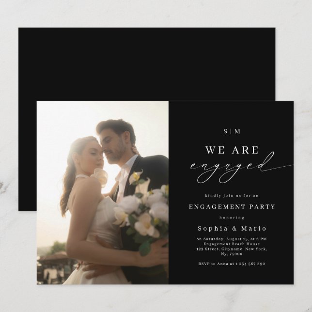 Convites Elegant Photo & Monogram Black Engagement Party (Frente/Verso)