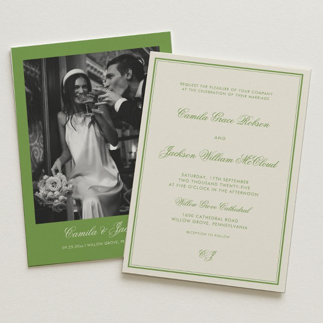 Convites Elegant Photo Sage Green Wedding (Criador carregado)