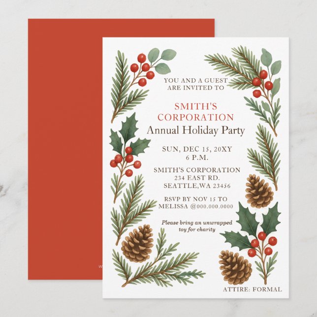Convites Elegant Pine Berries Corporate Holiday Party  (Frente/Verso)