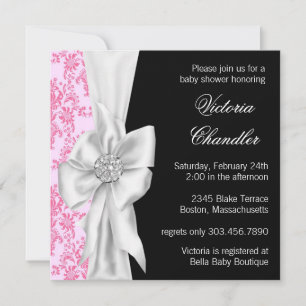 Convites Elegant Pink and Black Damask Baby Girl Shower