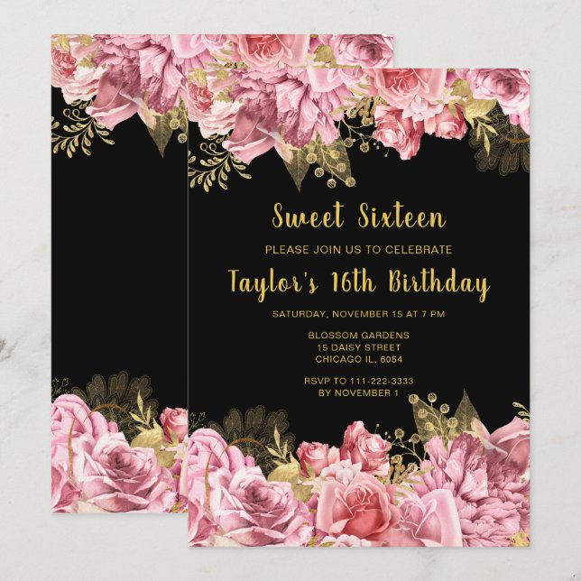 Convites Elegant Pink and Gold Flowers Sweet Sixteen (Frente/Verso)