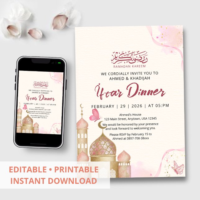 Convites Elegant Pink and Gold Ramadan Iftar Dinner (Criador carregado)