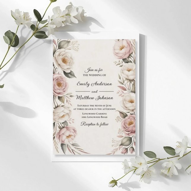 Convites Elegant Pink and Ivory Floral Wedding Invitation (Criador carregado)