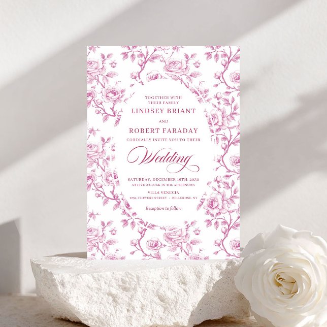 Convites Elegant Pink and White Floral Toile Wedding Invite (Elegant Pink and White Floral Toile Wedding Invite)