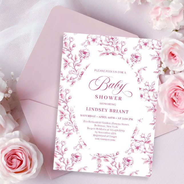 Convites Elegant Pink and White Rose Pattern Baby Shower   (Elegant Pink and White Rose Pattern Baby Shower Invite)