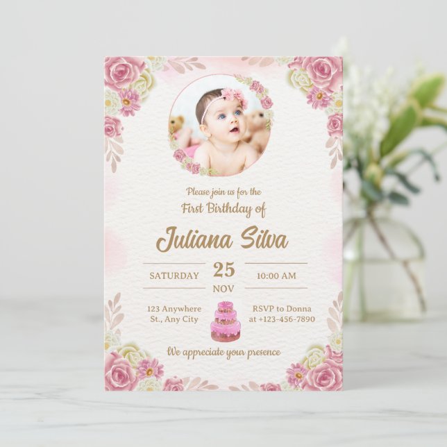 Convites Elegant Pink Baby Girl First Birthday Custom Photo (Em pé/Frente)