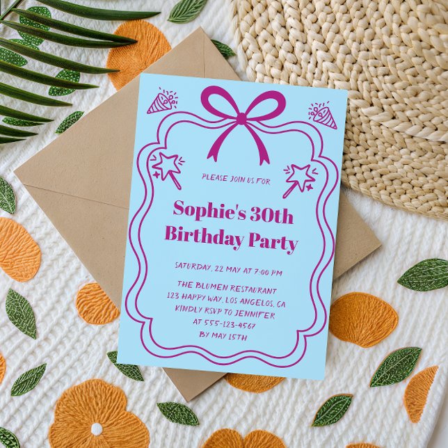 Convites Elegant Pink & Blue Ribbon Frame Birthday Party (Criador carregado)