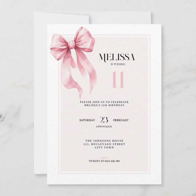 Convites Elegant Pink Bow 11th Birthday Invitation (Frente)