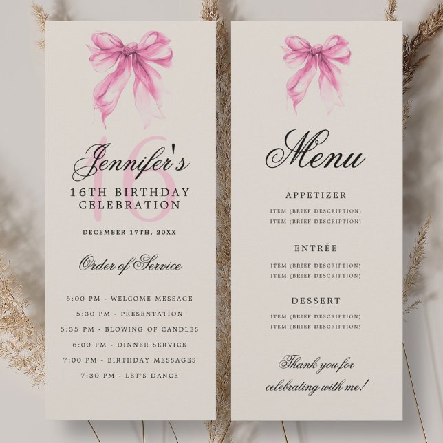 Convites Elegant Pink Bow 16th Birthday Party Program Menu (Elegant Pink Bow 16th Birthday Party Program Menu)