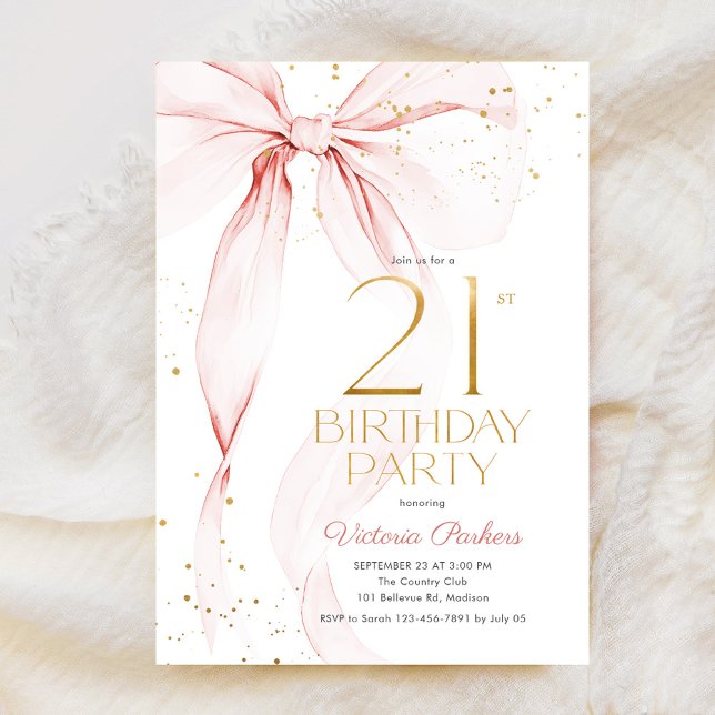Convites Elegant Pink Bow 21st Birthday Invitation (Criador carregado)