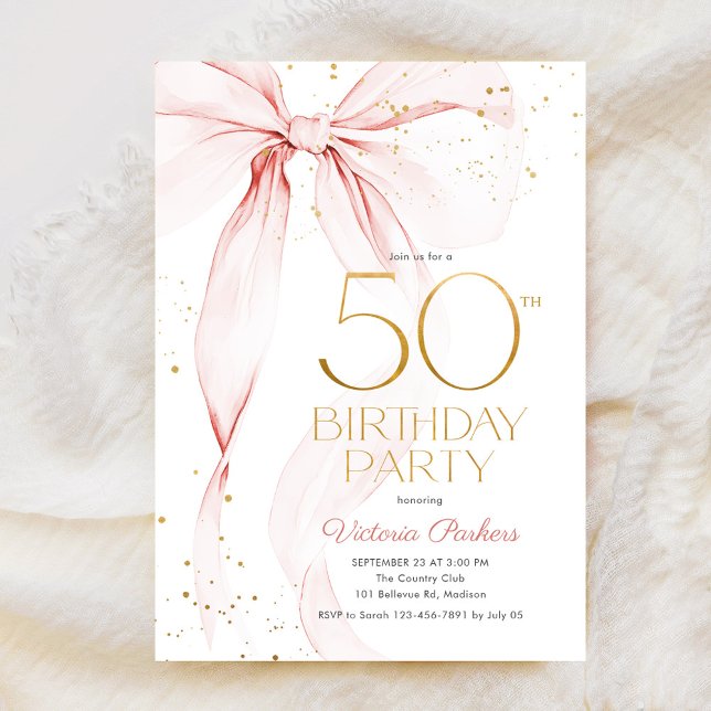 Convites Elegant Pink Bow 50th Birthday Invitation (Criador carregado)