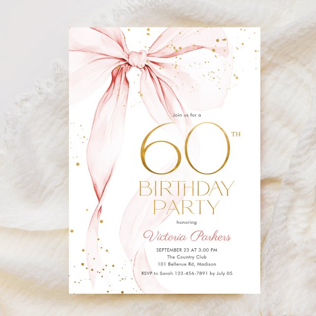 Convites Elegant Pink Bow 60th Birthday Invitation (Criador carregado)