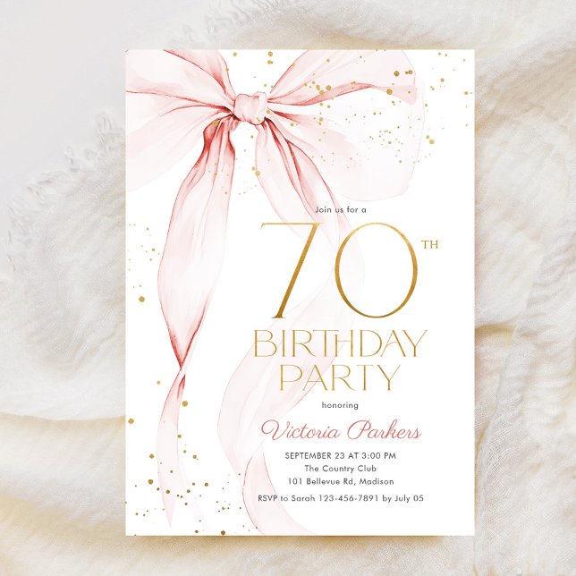 Convites Elegant Pink Bow 70th Birthday Invitation (Criador carregado)