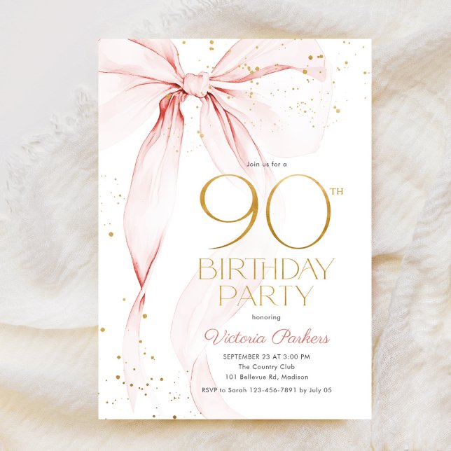 Convites Elegant Pink Bow 90th Birthday Invitation (Criador carregado)