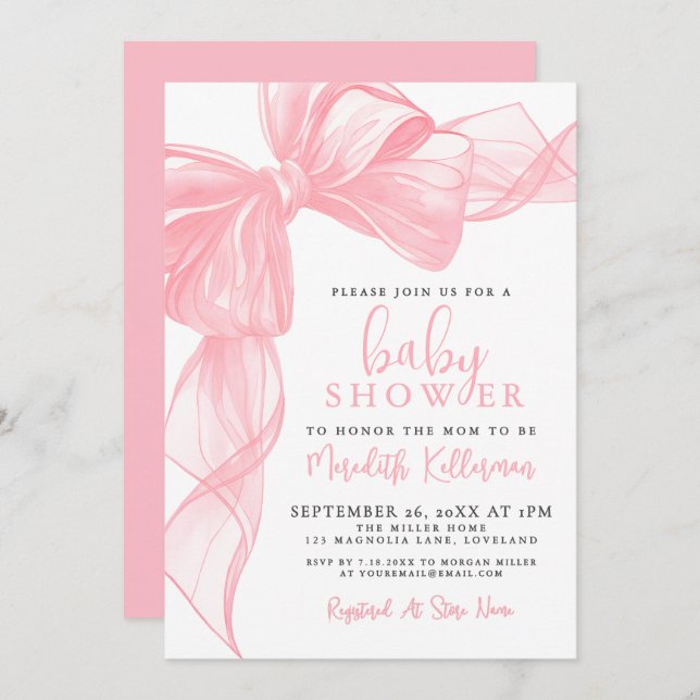 Convites Elegant Pink Bow Baby Shower (Frente/Verso)