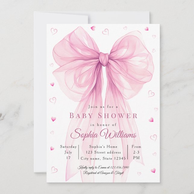 Convites Elegant Pink Bow Baby Shower Invitation (Frente)