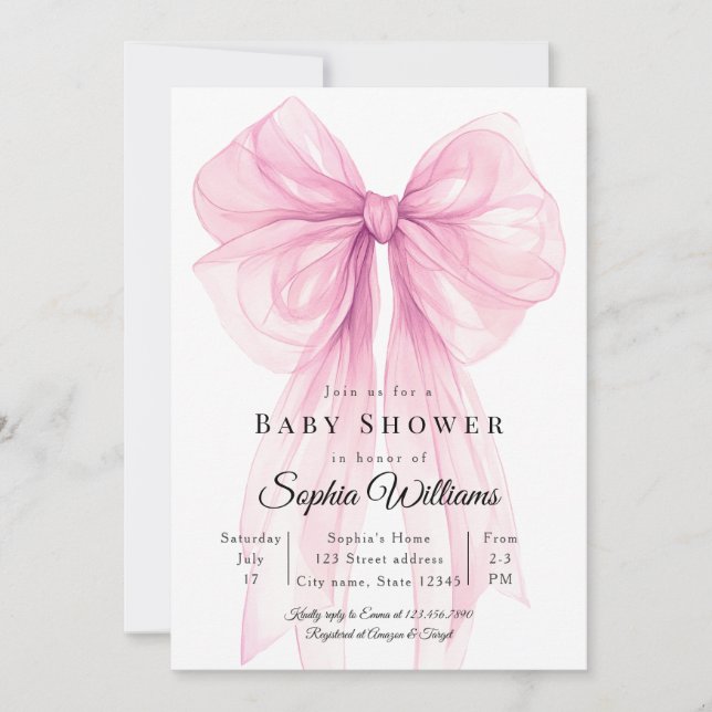 Convites Elegant Pink Bow Baby Shower Invitation (Frente)