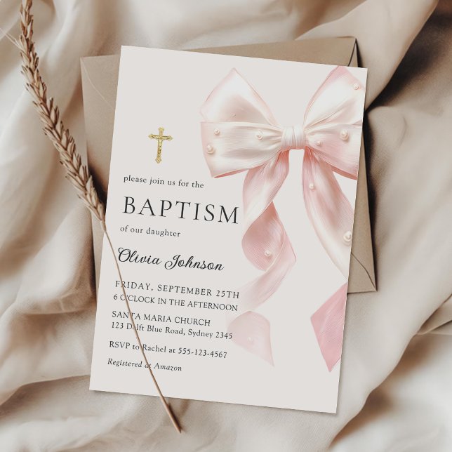 Convites Elegant Pink Bow Baptism Girl Invitation (Criador carregado)