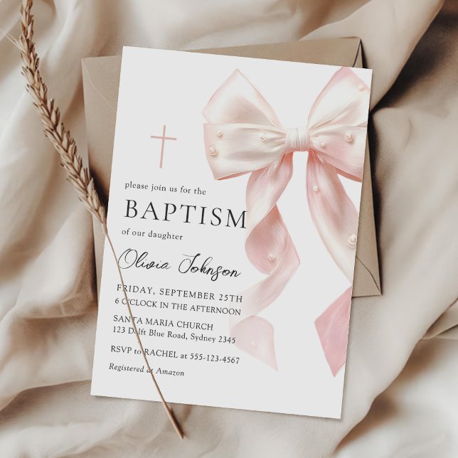 Convites Elegant Pink Bow Baptism Girl Invitation (Criador carregado)