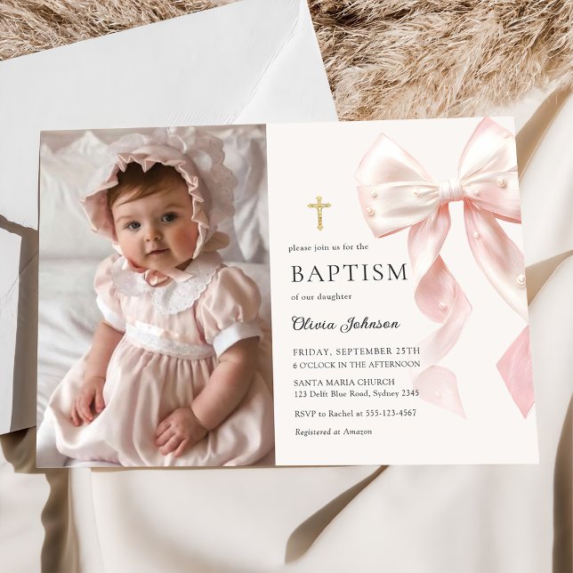 Convites Elegant Pink Bow Baptism Girl Photo Invitation (Criador carregado)