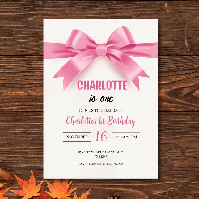 Convites Elegant Pink Bow "Charlotte is One" First Birthday (Elegant Pink Bow "Charlotte is One" First Birthday Invitation
)