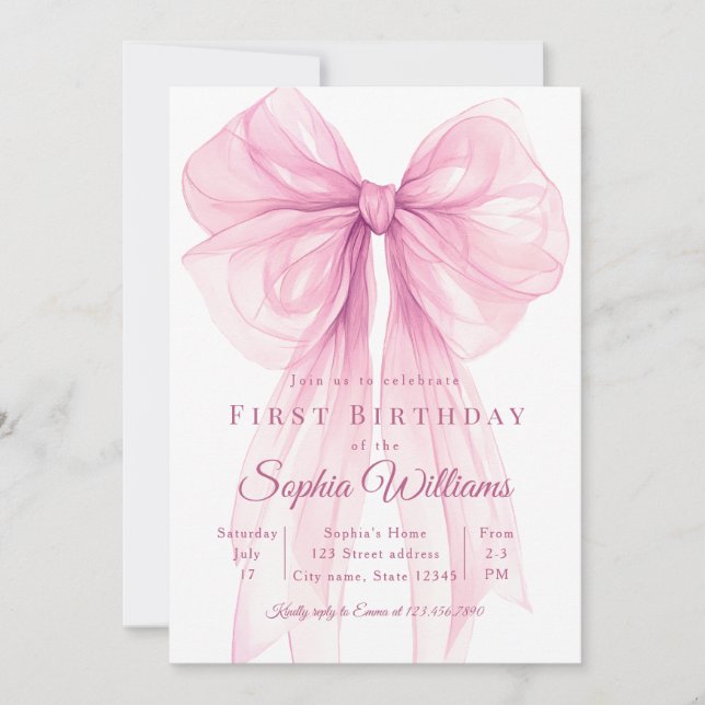 Convites Elegant Pink Bow First Birthday Invitation (Frente)