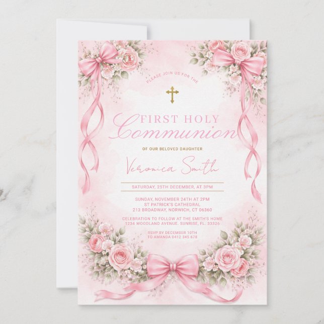 Convites Elegant Pink Bow Floral First Holy Communion (Frente)