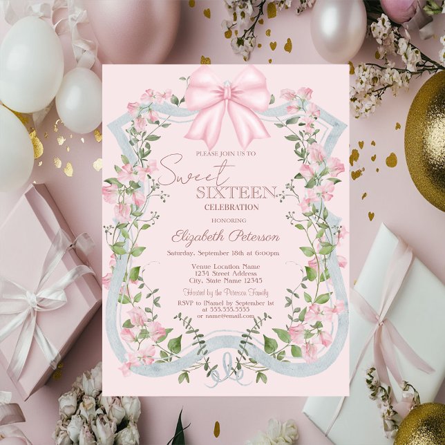 Convites Elegant Pink Bow Floral Frame Sweet 16   (Criador carregado)