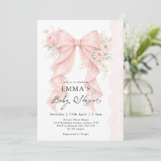 Convites Elegant Pink Bow Floral Girl Baby Shower