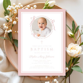 Convites Elegant Pink Bow Girl Photo Baptism