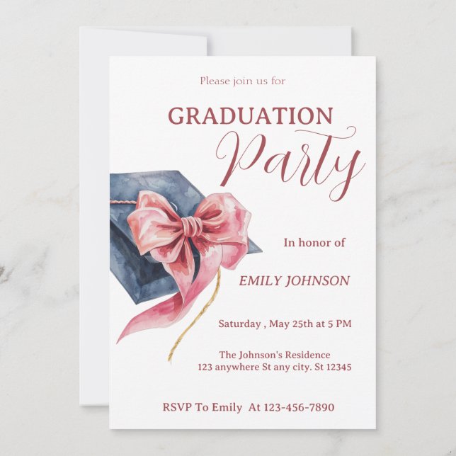 Convites Elegant Pink Bow Graduation Party Invitation  (Verso)