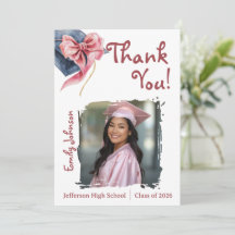 Elegant Pink Bow Graduation Thank You Card 