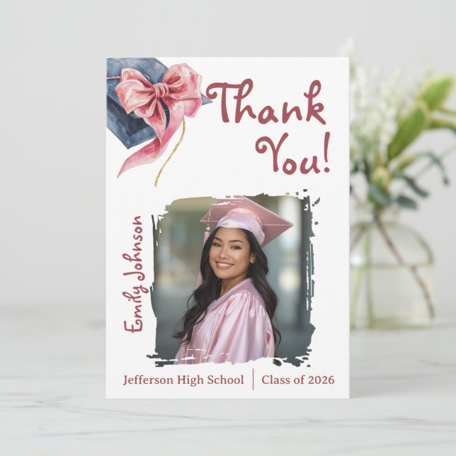 Convites Elegant Pink Bow Graduation Thank You Card  (Em pé/Frente)