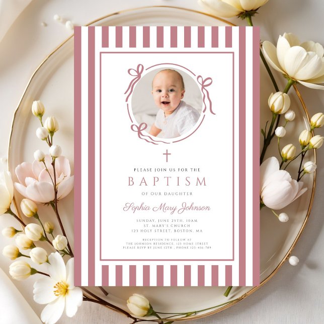 Convites Elegant Pink Bow Photo Girl Baptism (Elegant Pink Bow Photo Giel Baptism Invitation)