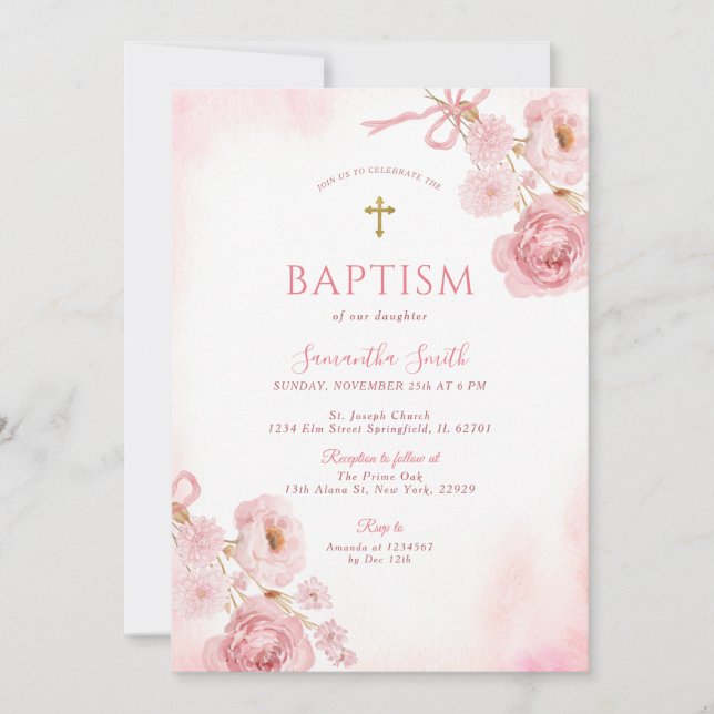 Convites Elegant Pink Bow Rose Floral Cross Girl Baptism (Frente)