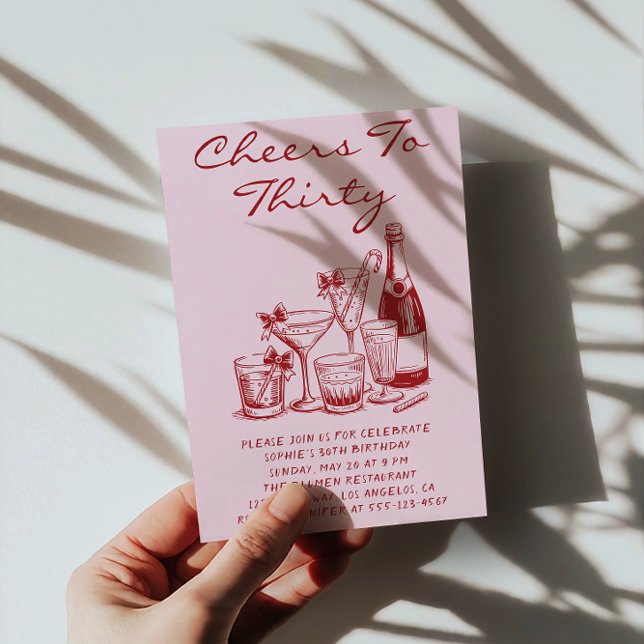 Convites Elegant Pink Cheers to Thirty Cocktail Birthday (Criador carregado)