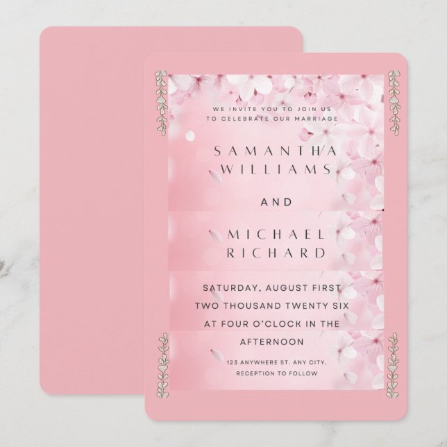 Convites Elegant Pink Cherry Blossom Wedding Invitation - C (Frente/Verso)