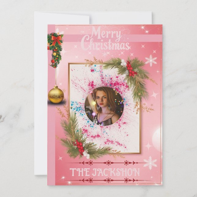 Convites Elegant Pink Christmas Card with Custom PhotoFrame (Frente)