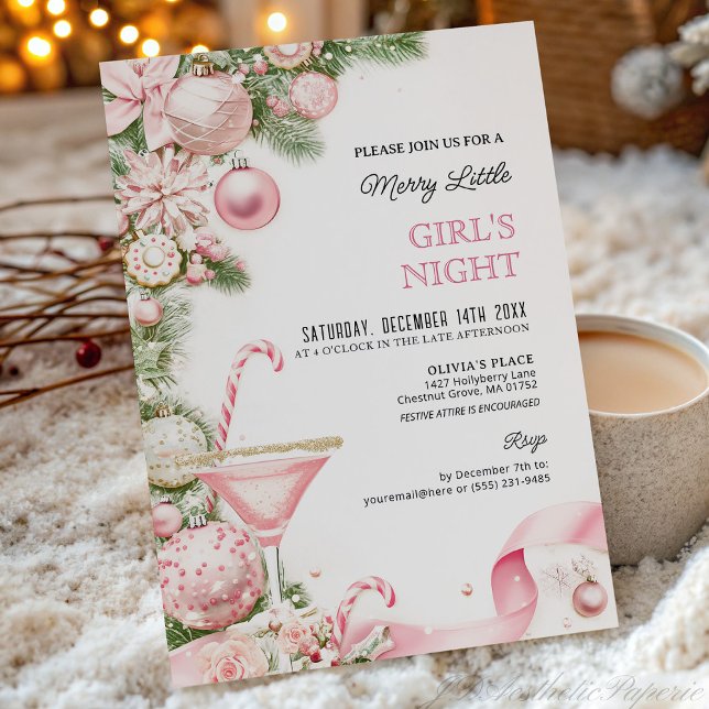 Convites Elegant Pink Christmas Girls Night Invitation  (Criador carregado)